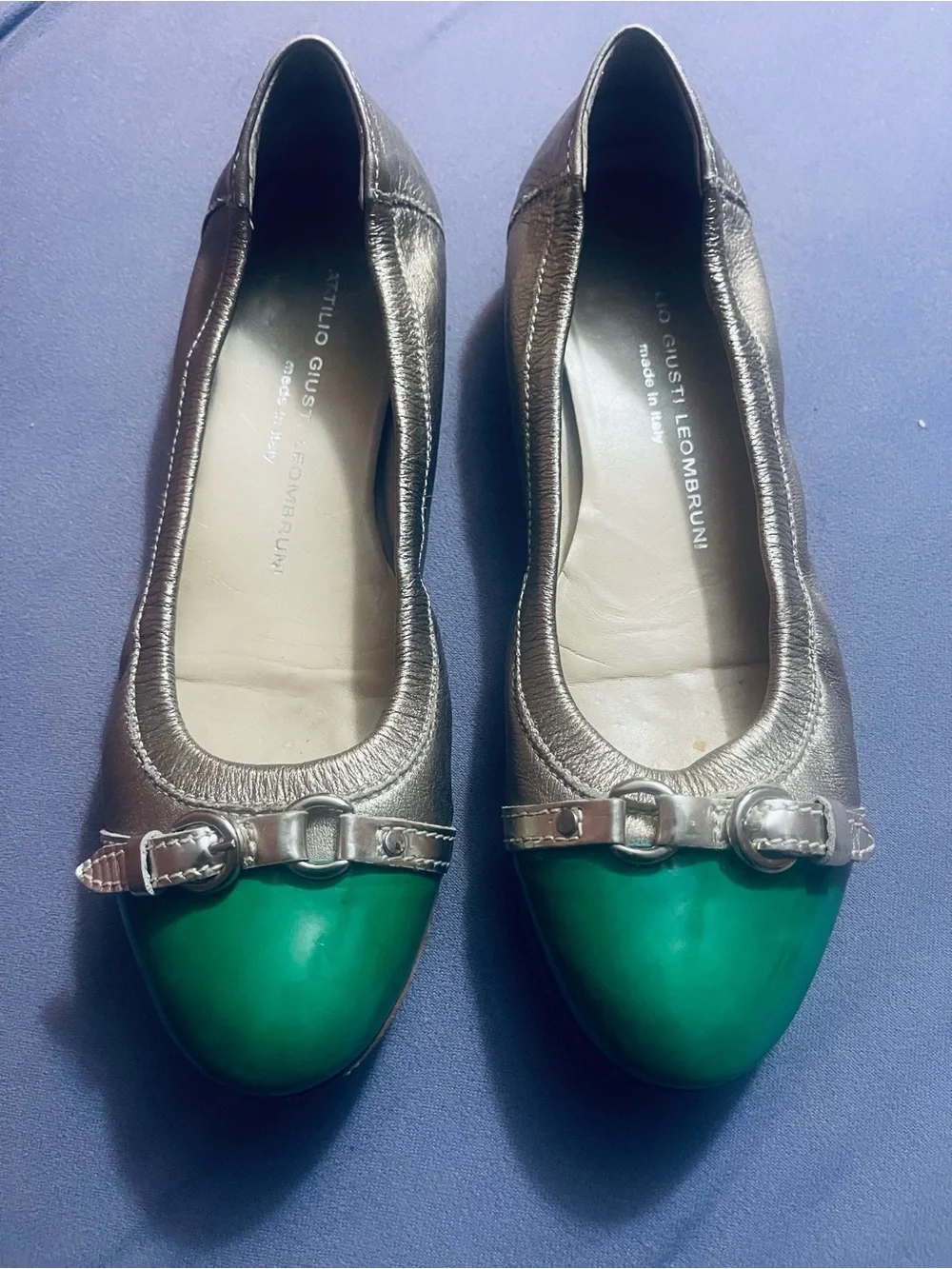 Attilio Giusti Leombruni Metallic Taupe Flats with Green Patent Toe